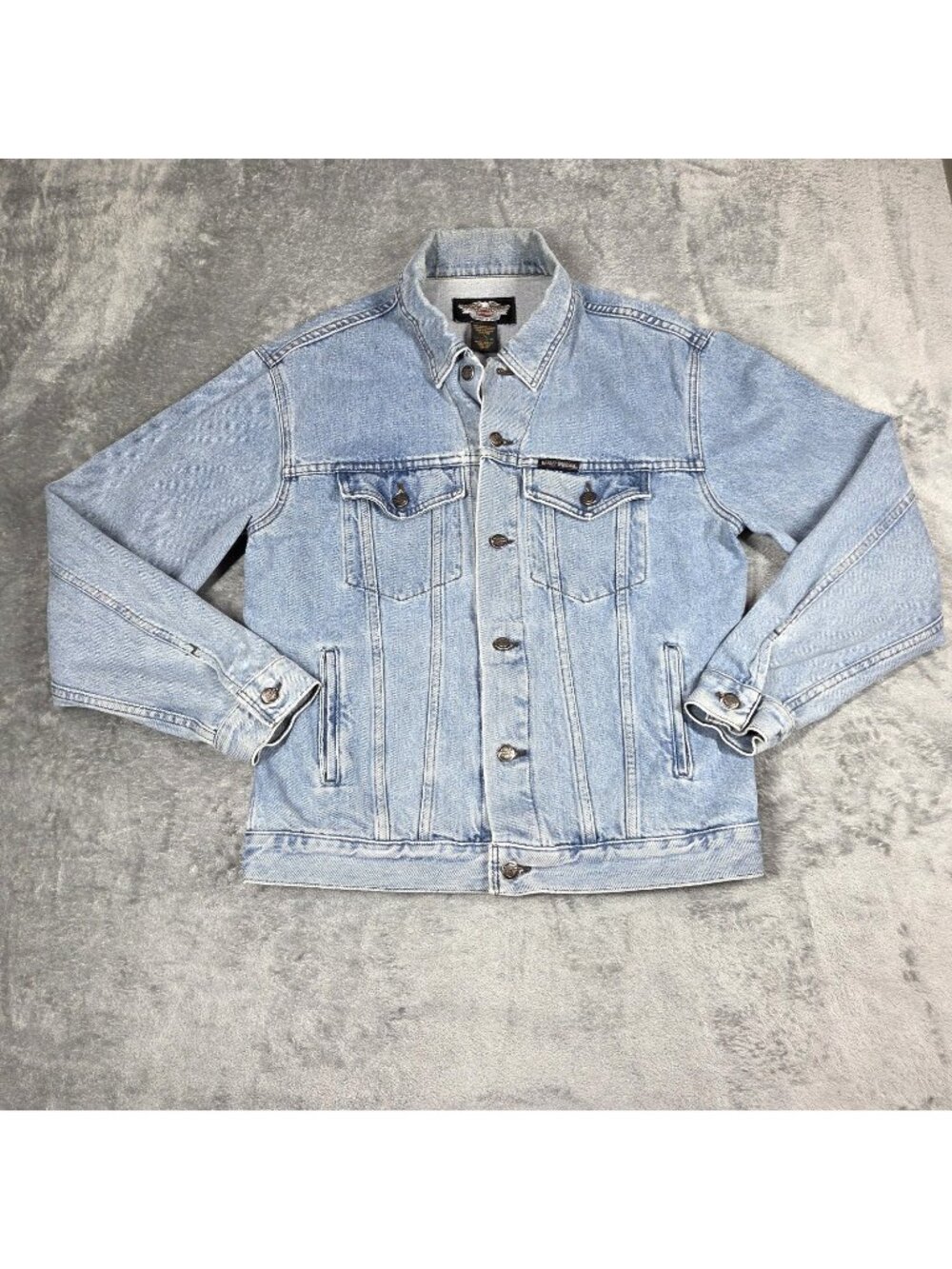 Vintage Harley Davidson Jacket Mens Large Denim Trucker Biker Logo Patch Y2K